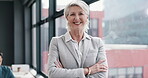 Mature woman, face and arms crossed by window in office for management, about us and professional law firm. Portrait, smile and confident lawyer in attorney consulting workplace with legal leadership