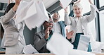 Business people throw papers in meeting success, winning or celebration of news, goals and clapping or applause. Winner team, diversity women and men achievement, wow and documents in air for sales