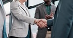 Business people, applause and handshake on onboarding deal, collaboration or congratulations on b2b agreement. Partnership, celebration and shaking hands on negotiation, success and winning in office