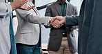 Meeting, applause and handshake on onboarding deal, collaboration or congratulations on b2b agreement. Business people, celebration and shaking hands on negotiation, success and winning in office.