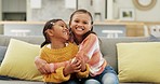 Sisters, family and young girl, hug in portrait with love and care at home, bonding and connection. Happiness, trust and support, care with relationship and female children relax on sofa with embrace