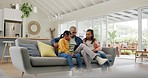 Tablet, father and kids running to sofa in home, living room or bonding together. Technology, children and dad on couch in lounge with energy for streaming film, online video or social media to relax