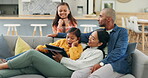 Happy family, couch and parents streaming on a tablet with children watching a show or movie with subscription online. Web, website and mother relax with kids and father on a sofa watching on an app