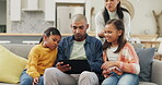 Family, couch and parents streaming with kids on a tablet watching a show or movie with subscription online. Web, website and mother relax with children and father on a sofa watching on an app