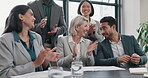 Business people, applause and seminar in conference room, diversity and support, happiness and success. Corporate group, presentation in meeting with men and women clapping hands with congratulations