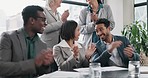 Business people, applause and audience, seminar in conference room, diversity and support with success. Corporate group, presentation in meeting with men and women clapping hands with congratulations