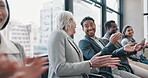 Happy, celebration and business people with applause in a meeting for company success. Talking, office and laughing corporate employees with diversity and clapping hands in a conference for support