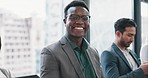 Face, happy and business black man in meeting for discussion, planning and collaboration. Corporate office, professional and portrait of male person with team for presentation, conference and seminar