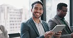 Tablet, meeting and face of a businessman doing research for a collaboration project in the office. Happy, smile and portrait of professional male lawyer with digital technology in a group discussion