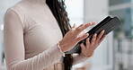 Business woman, hands and tablet in networking, online browsing or research for innovation at the office. Closeup of female person, employee or analyst for social media or communication at workplace