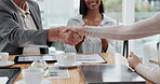 Business people, handshake and applause for promotion, deal or partnership together in teamwork at office. Businessman and woman shaking hands for b2b agreement, meeting and clapping in team success