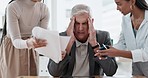 Time management fail, multitask and chaos, old man in business with team, crisis and stress. Headache, anxiety and burnout, problem with schedule and overworked with people and documents in workplace