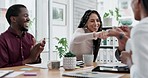 Business people, fist bump and applause in meeting for teamwork success or promotion at the office. Group of employees touching hands and clapping for team achievement, winning or goals at workplace