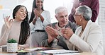 Happy business people, applause in meeting for success, teamwork or promotion at the office. Group of employees clapping hands for congratulations in team achievement, winning or goals at workplace