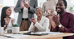 Happy business people, applause in meeting for promotion, teamwork or success at the office. Group of employees clapping hands for congratulations in team achievement, winning or goals at workplace