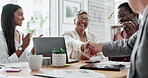 Happy business people, handshake and applause for teamwork, deal or b2b agreement in meeting at the office. Group of employees clapping and shaking hands for team collaboration, success or thank you