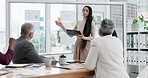 Business woman, tablet and coaching in meeting or presentation for strategy, planning or ideas at office. Female person, coach or manager training staff with technology on glass board in conference