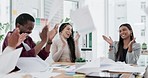 Happy business people, high five and applause with documents for achievement, finish or success at office. Group of employees clapping in team celebration with paperwork falling from air in well done