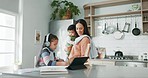 Home school help, mother and daughter with tablet, headphones and support in learning, education and family. Elearning, studying and busy mom with baby, child and homework in kitchen for online class