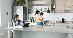 Home school, child with tablet and mom cooking with baby, education and family at kitchen counter. Elearning, studying and girl with homework for online class project, mother and toddler in apartment