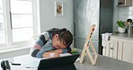 Home school, fatigue and child with tablet, sleep and tired while learning at kitchen counter. Elearning, studying and exhausted girl with homework for online class project sleeping with book and pen