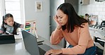 Laptop, stress and woman and girl for remote work, studying or online education in kitchen. Family, phone call and busy mother working from home on computer and child on tablet for internet learning