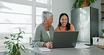 Happy, elderly mother and women on laptop reading finance bills, bank account invoice or mortgage info. Conversation, home taxes or people talking about financial review, retirement budget or savings