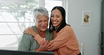 Laptop, finance and a daughter hugging her mother while talking about retirement savings or investment. Computer, family or love with a woman and senior parent planning for financial portfolio growth