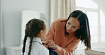 Hair, morning and help with mother and schoolgirl for education, support and love. Student, learning and love with woman and young child in family home for academy, back to school and preparation