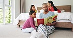 Dad, reading and books with kid in bedroom for learning, language development and literacy in morning. Parents, girl and floor for storytelling, quality time and relax in family house with children