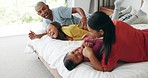 Home bed, tickle and happy family laughing, having fun and morning happiness, kids smile and enjoy quality time together. Bedroom games, funny humour or bonding mom, dad and children in holiday house