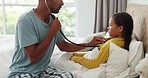 Stethoscope, sick and dad checking his kid in bed for chest infection, asthma or lung problem. Illness, recovery and father consulting girl child for cold, flu or allergies in bedroom at home.