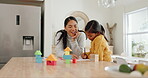 Mother, daughter and building blocks, writing and puzzle, learning with education toys and development, bonding at home. Woman, girl and growth, help and support with love, trust and academic games