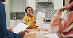 Family, high five and art with a creative girl in the dining room for education, study or homework. Smile, rainbow drawing and celebration with sisters in support of child development or growth