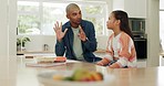 Math homework, dad helping child in kitchen with notes for project, support in learning and education with family. Teaching, counting and homeschool studying, father with young girl and school work.