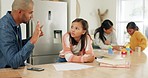 Homework help, dad and child in kitchen with notes for math project, support in learning and education with family. Teaching, counting and homeschool studying, father with young girl and school work.