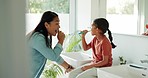 Mother, teaching or kid in bathroom brushing teeth together for learning or child development at family home. Morning, happy mom or girl cleaning mouth with toothbrush or toothpaste for dental health