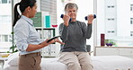 Physiotherapy tablet, senior woman and dumbbell for muscle, fitness and stretching support on digital checklist. Physical therapy, medical or chiropractor person helping elderly patient with exercise