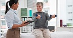 Physical therapy, senior patient with dumbbells and chiropractor with tablet, monitor progress and exercise. Help, support and women at clinic, weightlifting and elderly care with health and physio