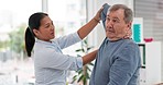 Old man, patient and physiotherapy of arm, medical rehabilitation or consulting doctor. Woman, physiotherapist and stretching for assessment of shoulder pain, arthritis or healthcare advice in clinic