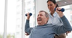 Physical therapy, senior patient with dumbbells and chiropractor with weightlifting, monitor progress and exercise. Help, support with old man and woman at clinic, muscle  and health with physio