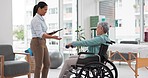 Woman with disability, physiotherapy and dumbbell rehabilitation of healthcare assessment, test or checklist of healing progress. Physiotherapist, clipboard or consulting senior patient in wheelchair