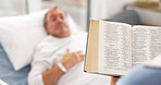 Medical, a woman reading the bible to her husband during a visit and a couple in the hospital. Healthcare, retirement or religion with a wife and senior man patient at a clinic for faith in god