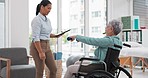 Woman with disability, physiotherapy and dumbbell exercise for healthcare assessment, test or digital checklist of medical progress. Physiotherapist, tablet or consulting senior patient in wheelchair