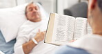 Medical, an old woman reading the bible to her husband during a visit and a couple in the hospital. Healthcare, retirement or religion with a senior wife and man patient at a clinic for faith in god