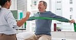 Physical therapy, patient and chiropractor, stretching with resistance band and muscle with high five. Help, support and woman with old man at clinic, elderly care and fitness with physio success