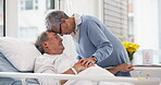 Hospital, love or elderly couple, sick patient and affection for empathy, marriage bond and support for senior person. Retirement healthcare, forehead and man with medical problem, cancer or disease