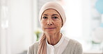 Face, senior woman and cancer patient in hospital for healthcare, wellness and healing. Serious portrait, elderly and sick person in clinic with courage mindset to fight for health in retirement