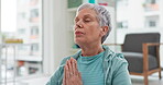 Yoga, namaste meditation and woman breathing for mindfulness, senior exercise or healing at home. Face of healthy old lady, breathe and meditate with prayer hands for zen, wellness and focus on peace