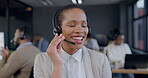 Call center, talking and woman, consultant or agent for telemarketing communication or customer support. Workspace, telecom agency and African person speaking on headphones on chat or virtual helping